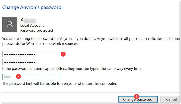Change account password and type a password hint for it