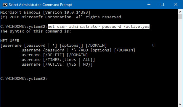 reset user password command line windows 10