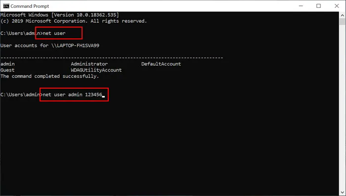 reset Windows 10 password in command prompt