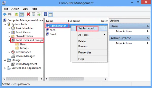 set new password computer management
