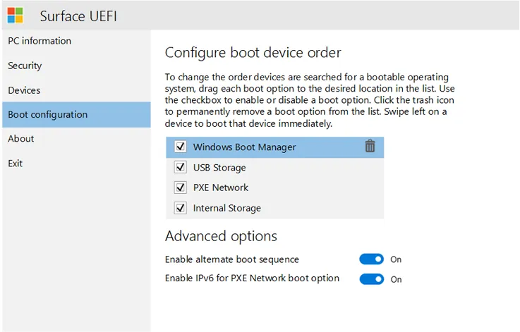 surface laptop 2 boot configuration